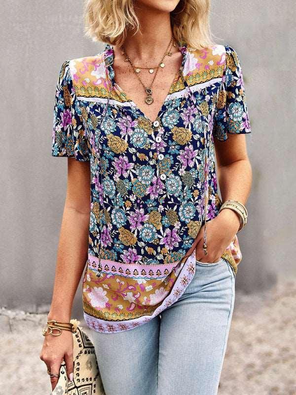 Ladies Casual Bohemian Printed Shirt Top - 808Lush