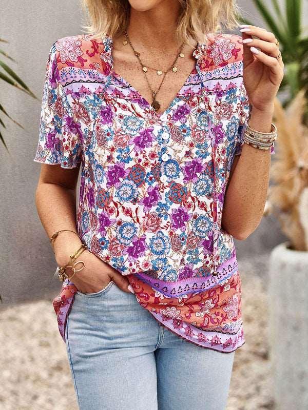 Ladies Casual Bohemian Printed Shirt Top - 808Lush