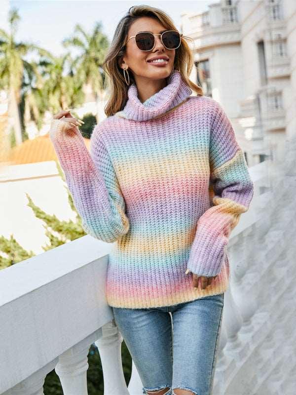 Ladies Rainbow Pullover Turtleneck Long Sleeve Sweater - 808Lush