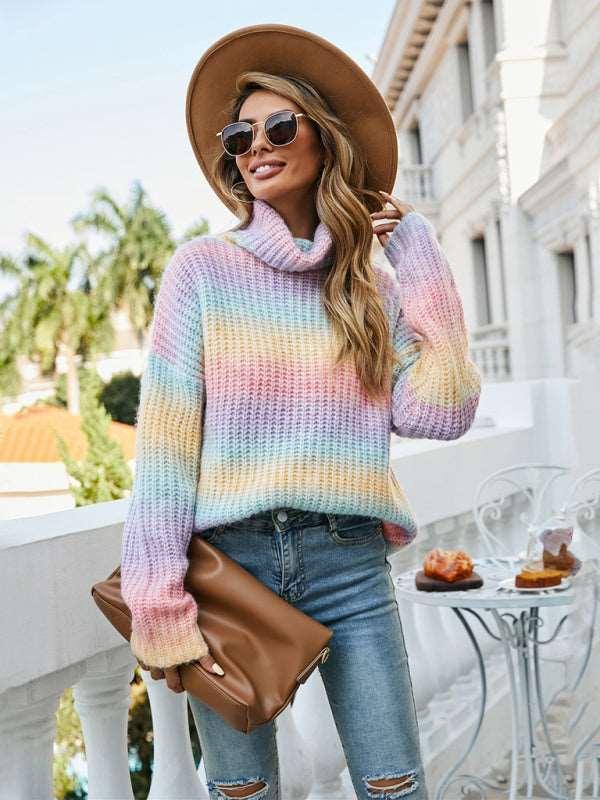 Ladies Rainbow Pullover Turtleneck Long Sleeve Sweater - 808Lush