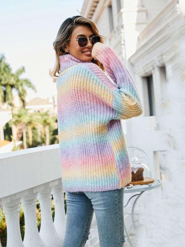 Ladies Rainbow Pullover Turtleneck Long Sleeve Sweater - 808Lush