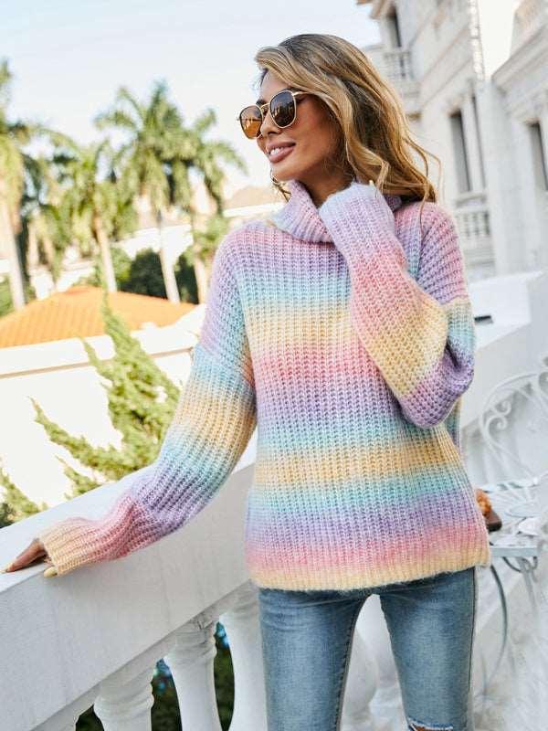 Ladies Rainbow Pullover Turtleneck Long Sleeve Sweater - 808Lush