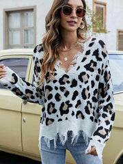 Pullover Cropped V Neck Leopard Fringe Knit Sweater - 808Lush