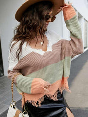 Pullover Cropped V Neck Leopard Fringe Knit Sweater - 808Lush