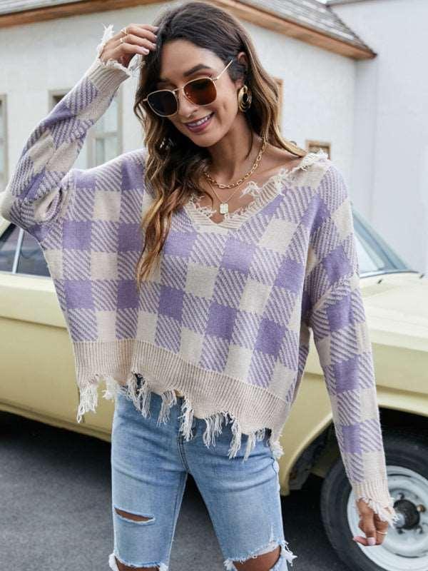 Pullover Cropped V Neck Leopard Fringe Knit Sweater - 808Lush