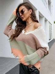 Pullover Cropped V Neck Leopard Fringe Knit Sweater - 808Lush