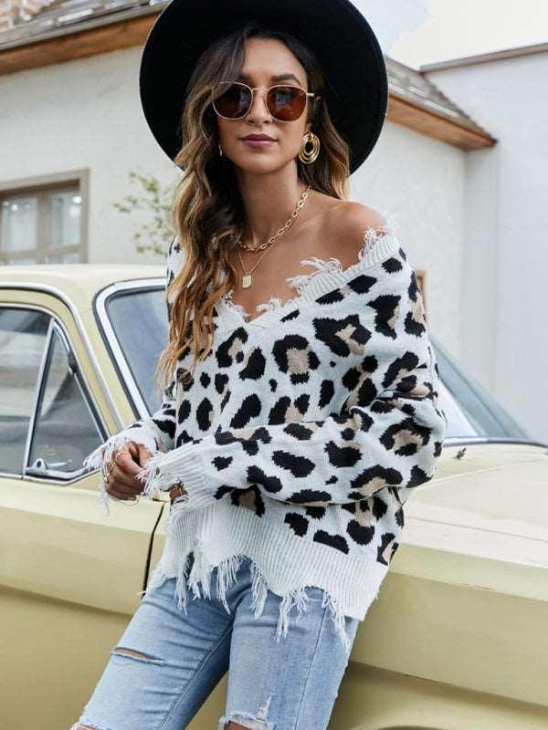 Pullover Cropped V Neck Leopard Fringe Knit Sweater - 808Lush