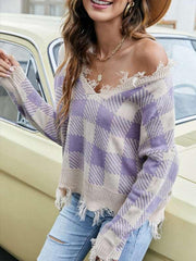 Pullover Cropped V Neck Leopard Fringe Knit Sweater - 808Lush