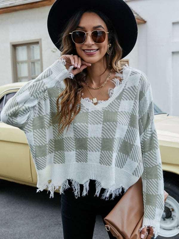 Pullover Cropped V Neck Leopard Fringe Knit Sweater - 808Lush