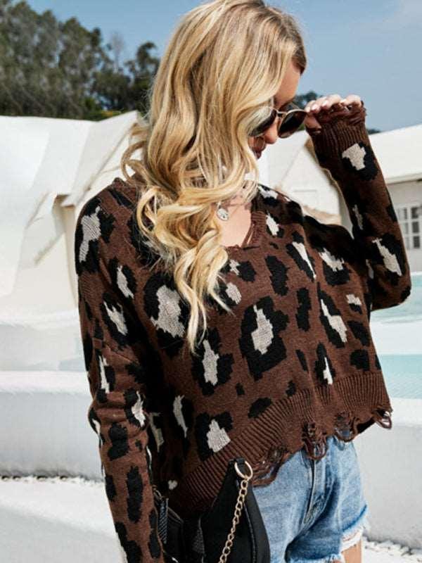 Pullover Cropped V Neck Leopard Fringe Knit Sweater - 808Lush