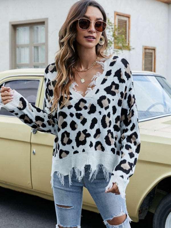 Pullover Cropped V Neck Leopard Fringe Knit Sweater - 808Lush