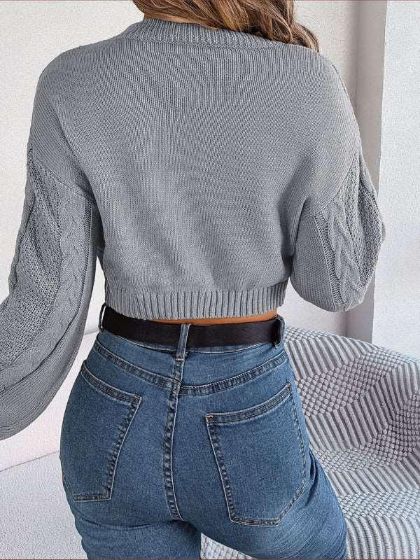 casual solid color twist long-sleeved pullover navel-baring sweater - 808Lush