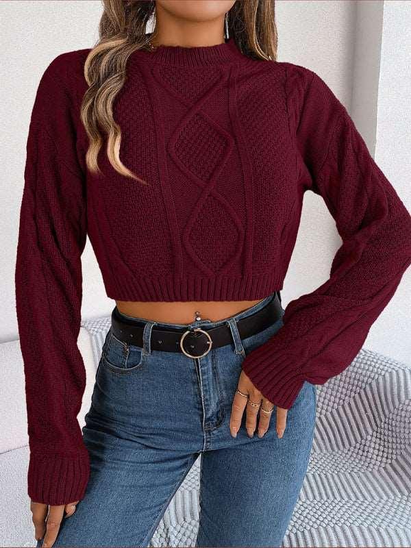 casual solid color twist long-sleeved pullover navel-baring sweater - 808Lush