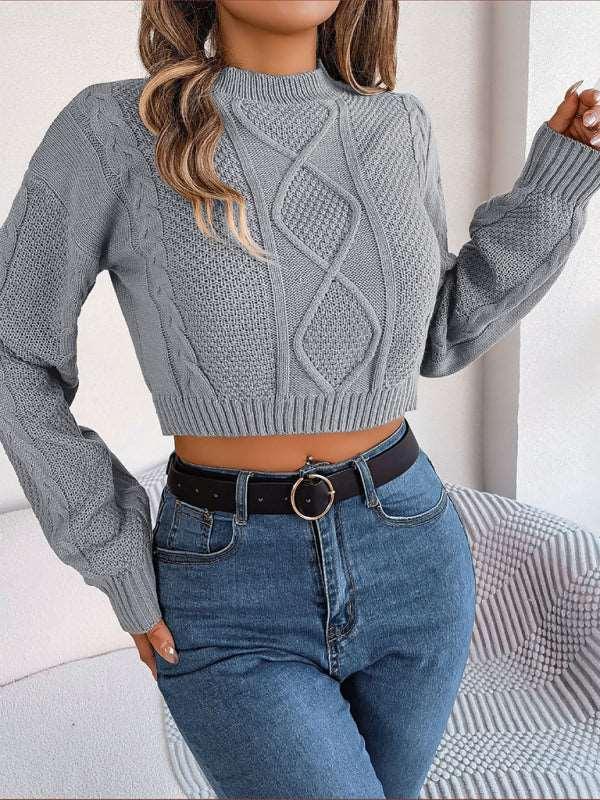 casual solid color twist long-sleeved pullover navel-baring sweater - 808Lush