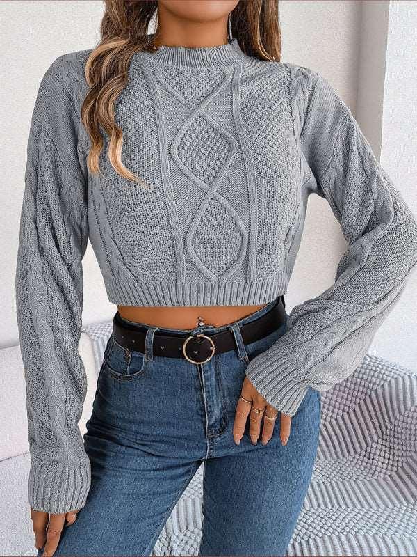 casual solid color twist long-sleeved pullover navel-baring sweater - 808Lush