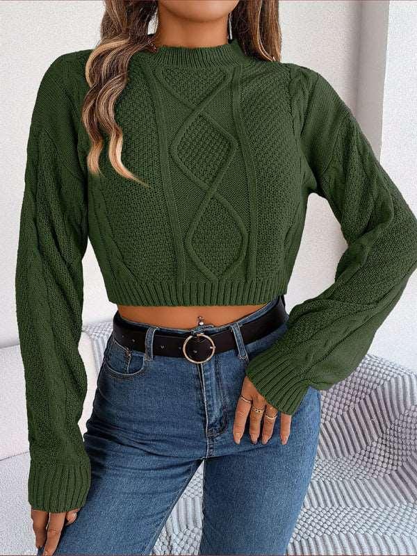 casual solid color twist long-sleeved pullover navel-baring sweater - 808Lush