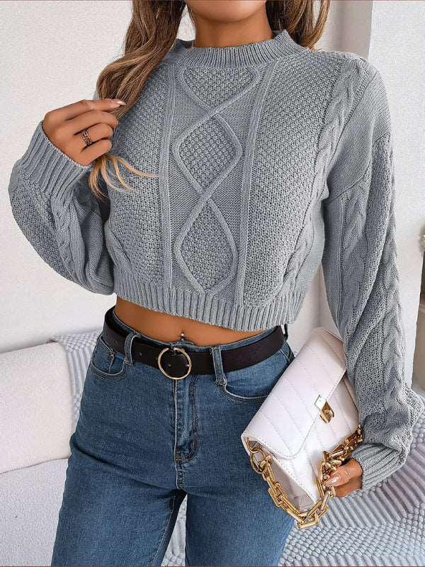 casual solid color twist long-sleeved pullover navel-baring sweater - 808Lush