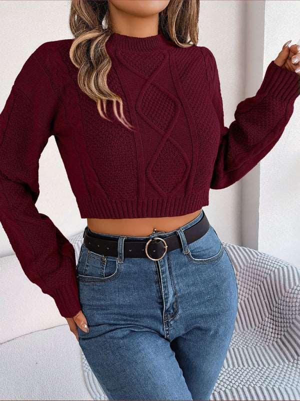 casual solid color twist long-sleeved pullover navel-baring sweater - 808Lush