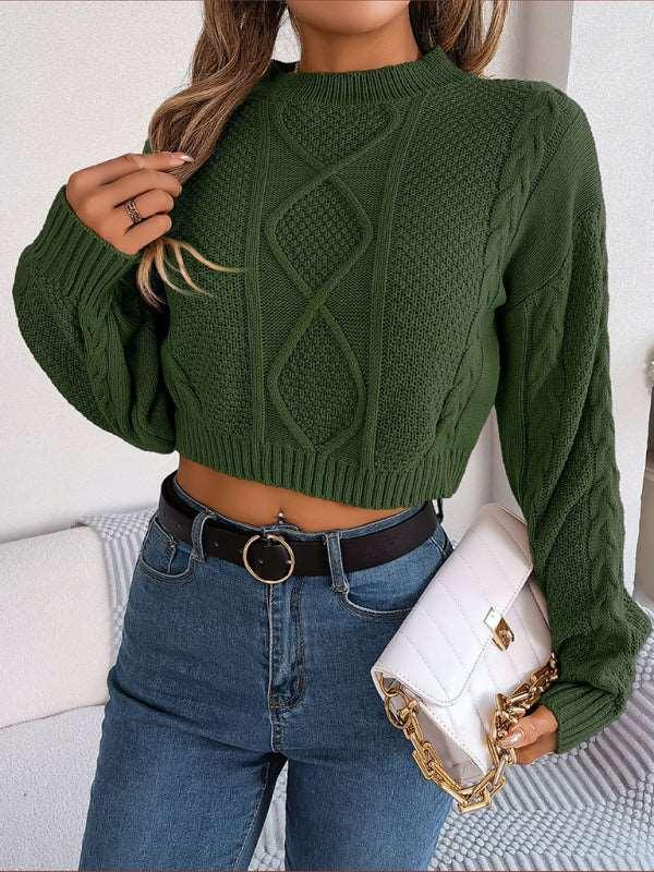 casual solid color twist long-sleeved pullover navel-baring sweater - 808Lush