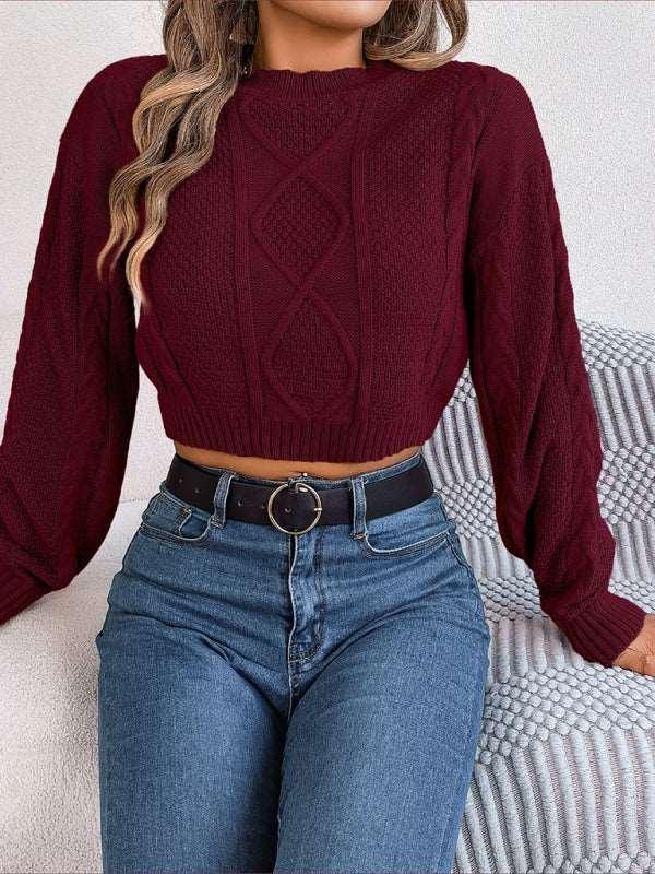 casual solid color twist long-sleeved pullover navel-baring sweater - 808Lush