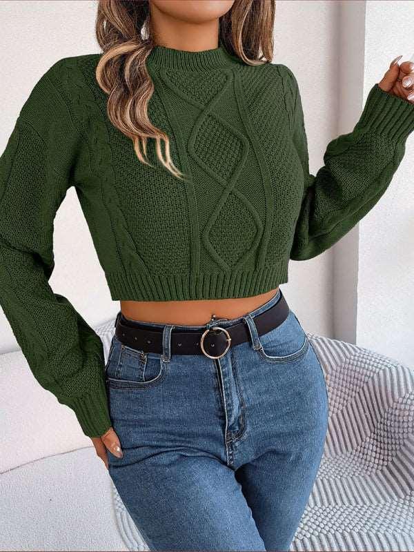 casual solid color twist long-sleeved pullover navel-baring sweater - 808Lush