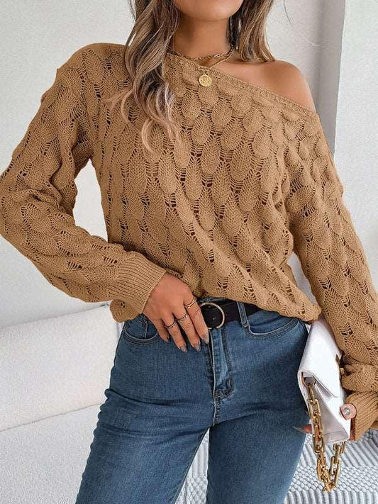 casual feather hollow one-line collar off-shoulder lantern sleeve sweater - 808Lush