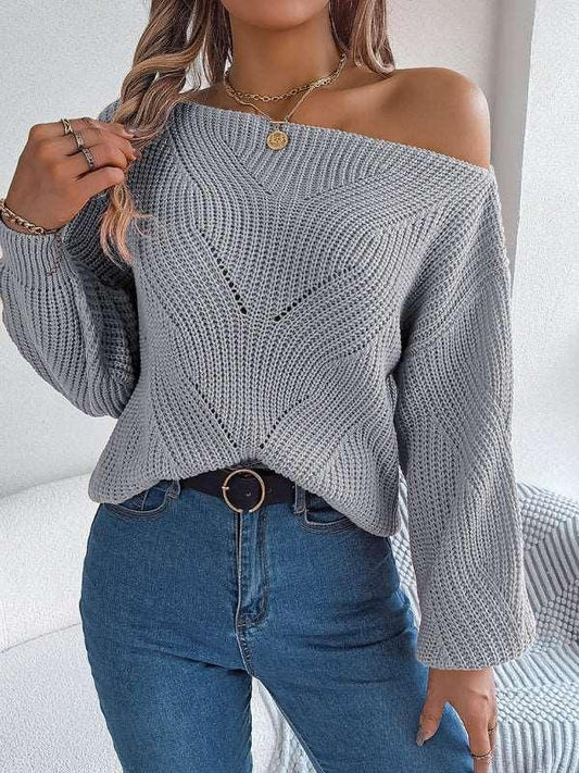 casual hollow one-line collar off-shoulder lantern sleeve sweater - 808Lush