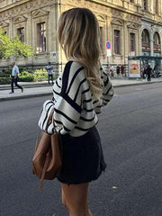 round neck loose black and white striped pullover long sleeve sweater - 808Lush