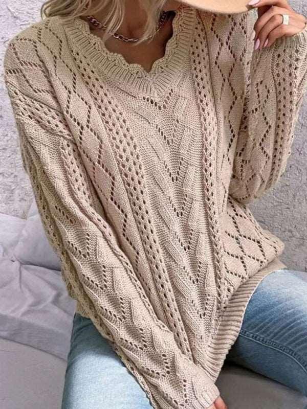 lazy style knitted sweater design hollow V-neck versatile top - 808Lush