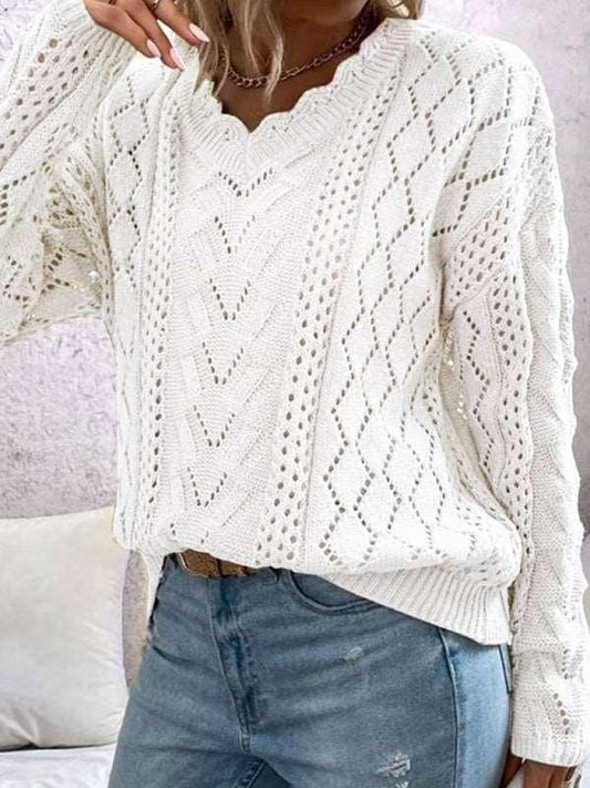 lazy style knitted sweater design hollow V-neck versatile top - 808Lush