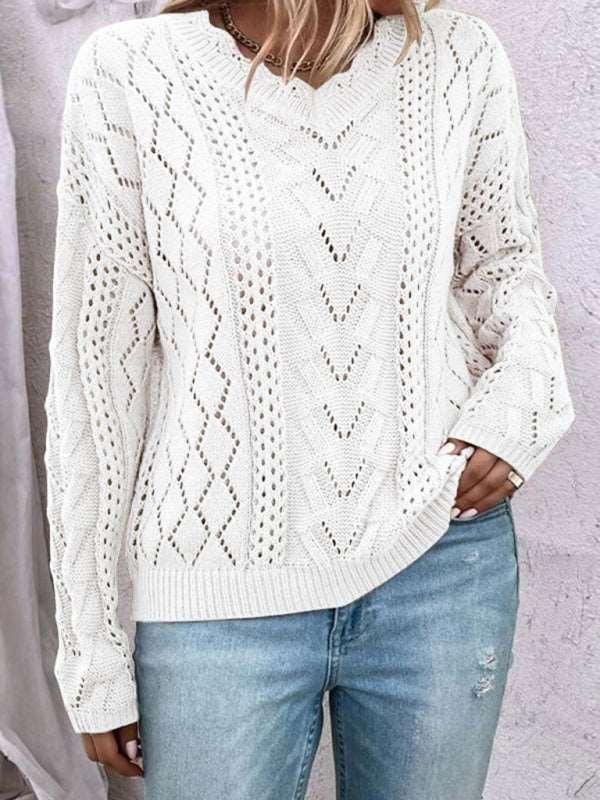 lazy style knitted sweater design hollow V-neck versatile top - 808Lush