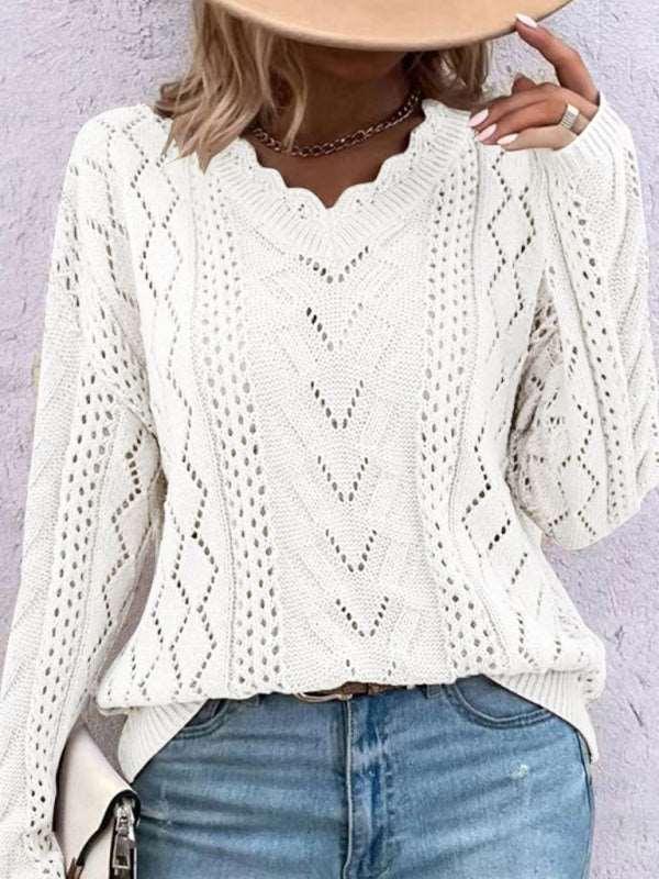 lazy style knitted sweater design hollow V-neck versatile top - 808Lush