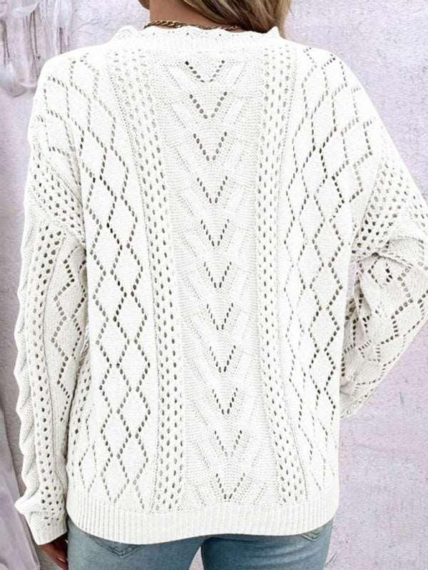 lazy style knitted sweater design hollow V-neck versatile top - 808Lush