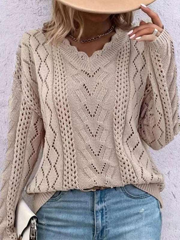 lazy style knitted sweater design hollow V-neck versatile top - 808Lush