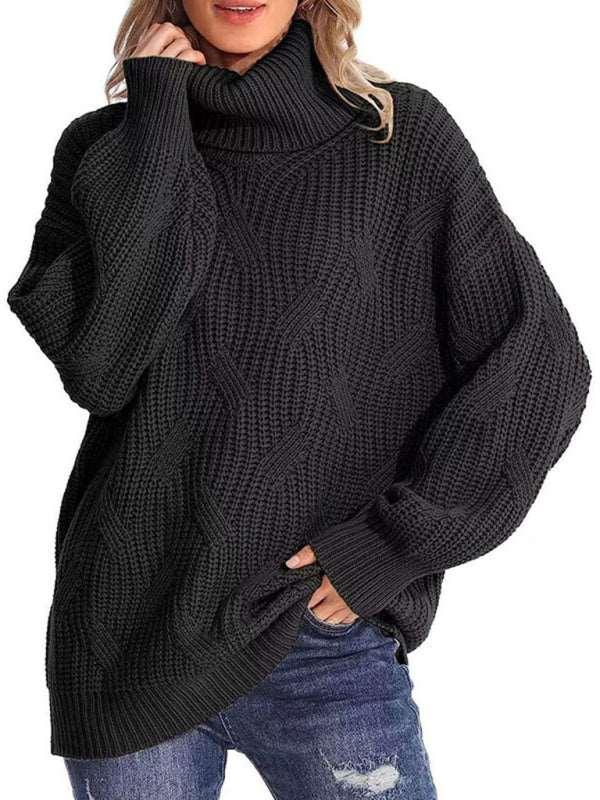 thick line long sleeve solid color pullover turtleneck sweater - 808Lush