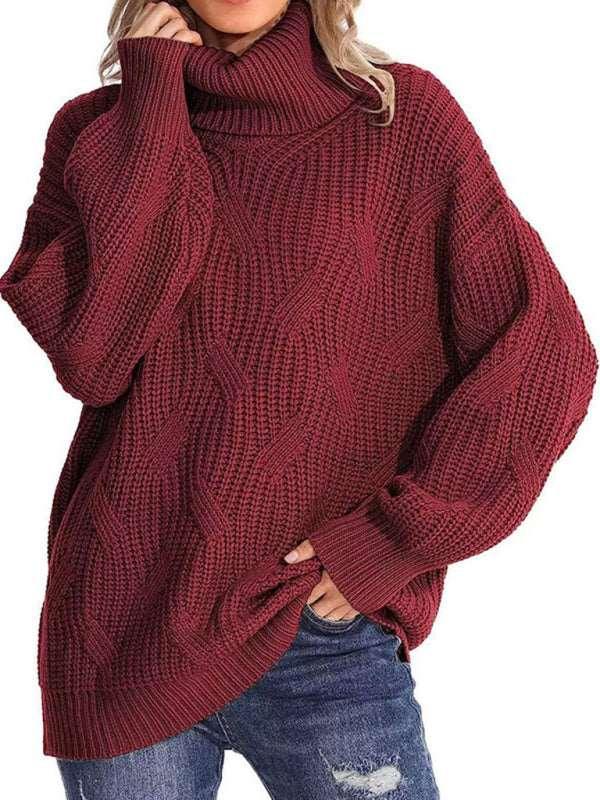 thick line long sleeve solid color pullover turtleneck sweater - 808Lush