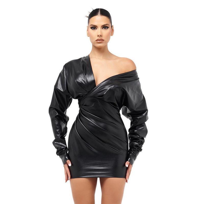 Elegant Faux Leather Deep V Plunge Plunge neck Sexy Mini Dress - 808Lush