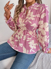 Casual Floral Lace up Long Sleeve Chiffon Shirt Top