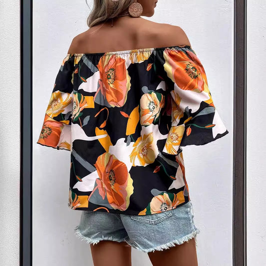 Summer Floral Print Off Shoulder Short Sleeve Blouse