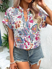 Floral V neck Short Sleeve Women Top