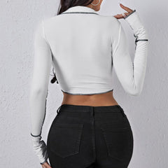 Women Polo Collar Long Sleeve Short Top