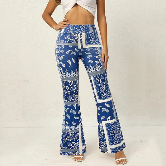 Hip Raise Printed Bell-Bottom Pants Wide Leg Sexy High Waist Casual Pants for Women