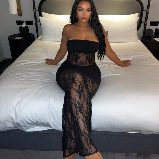 Sleeveless Sexy Lace Bandeau Mesh Maxi Dress