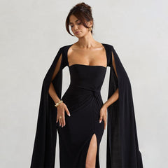 Square Collar Mop Long Sleeve High Slit Maxi Dress