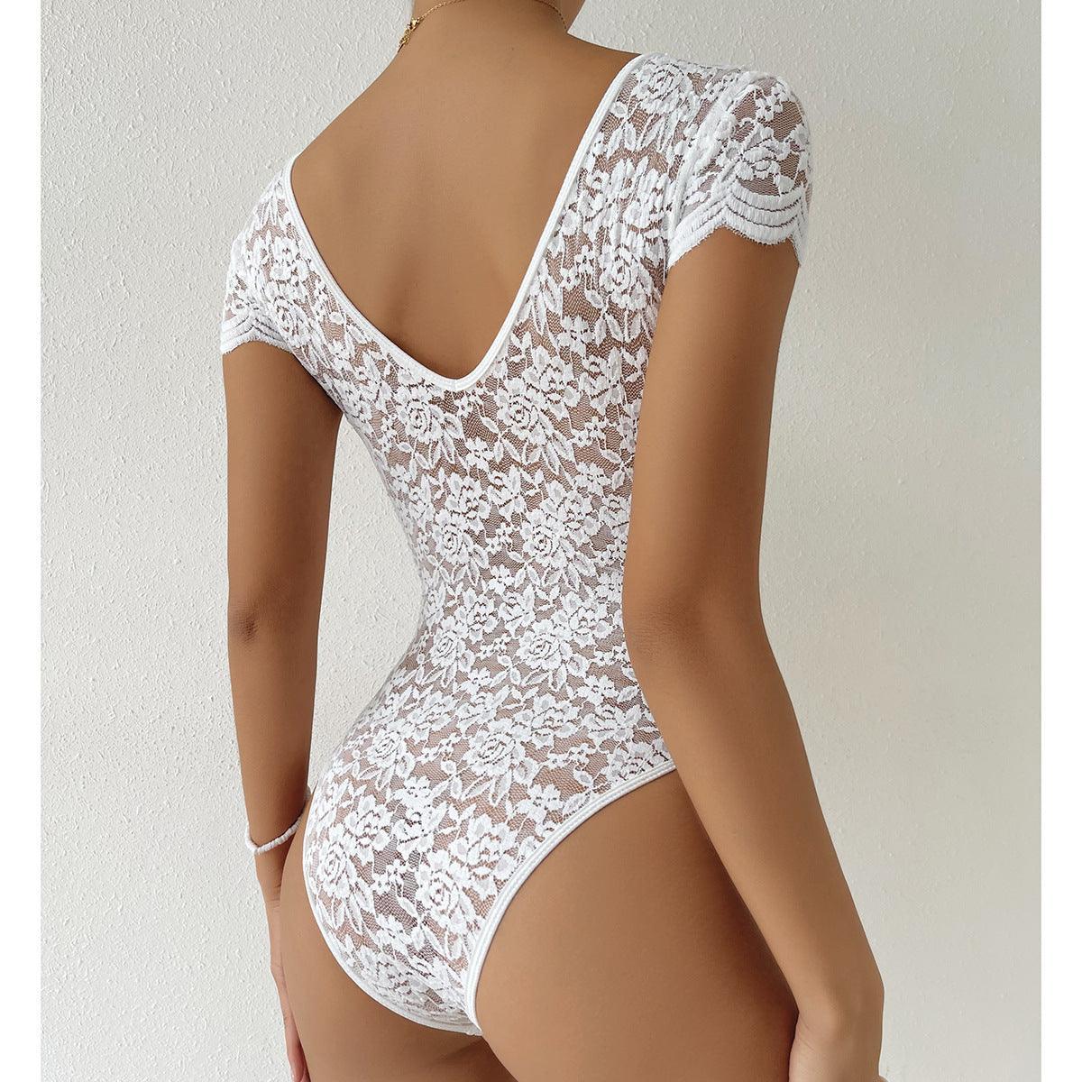 Lace See through Deep V Plunge neck Backless bodysuit - 808Lush