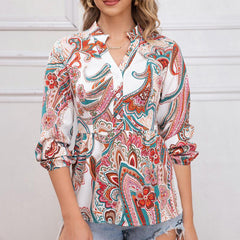 Casual Women Shirt Printed V Neck Mid Sleeve