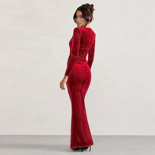 Elegant Long Sleeve Slit Velvet Maxi Dress