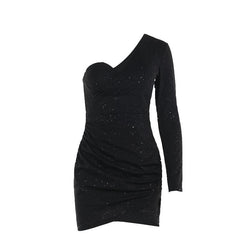 Sexy One Shoulder Long Sleeve Pleated Glitter Mini Dress