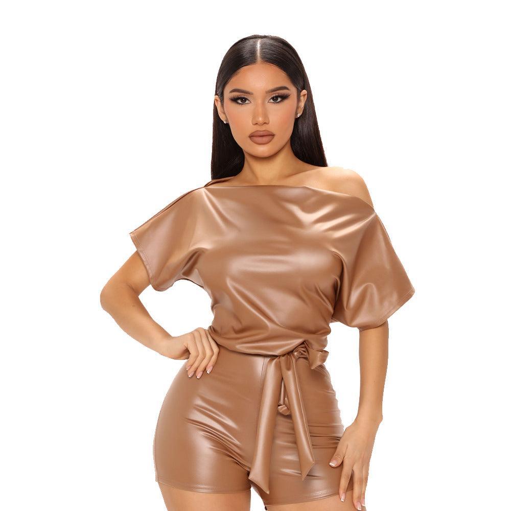 Sexy Casual off-the-Shoulder Faux Leather Romper - 808Lush