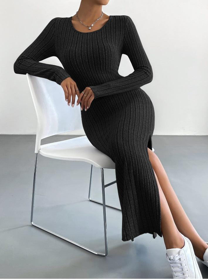 Long Sleeve Crew Neck Split Knitted Maxi Dress - 808Lush